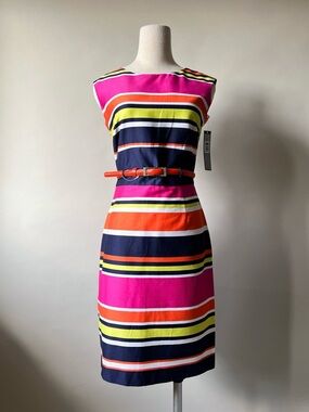 Tahari Tailored Colourful Bold Stripe Sleeveless Cotton Dress with Belt